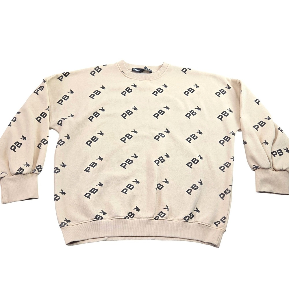 Playboy Missguided Sweatshirt Womens 6 Tan Crewneck AOP Bunny Oversized Casual
